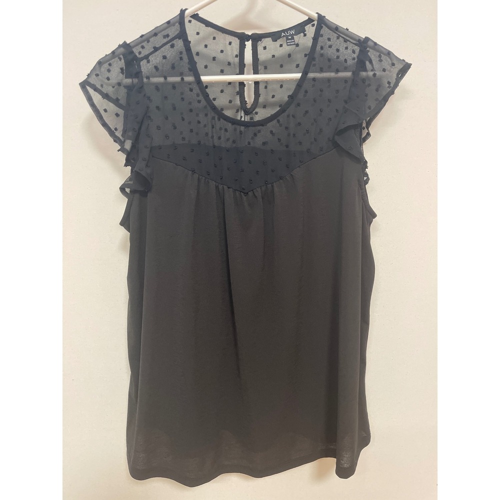 AUW Black Swiss Dot Mesh Yoke Ruffle Cap Sleeve Blouse Medium